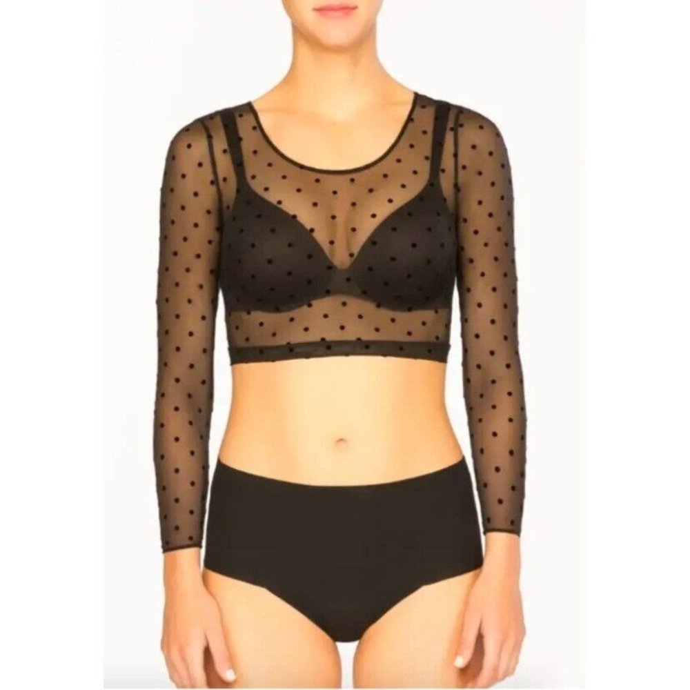 Spanx Mesh Flocked Dot Cropped Long Sleeve Top